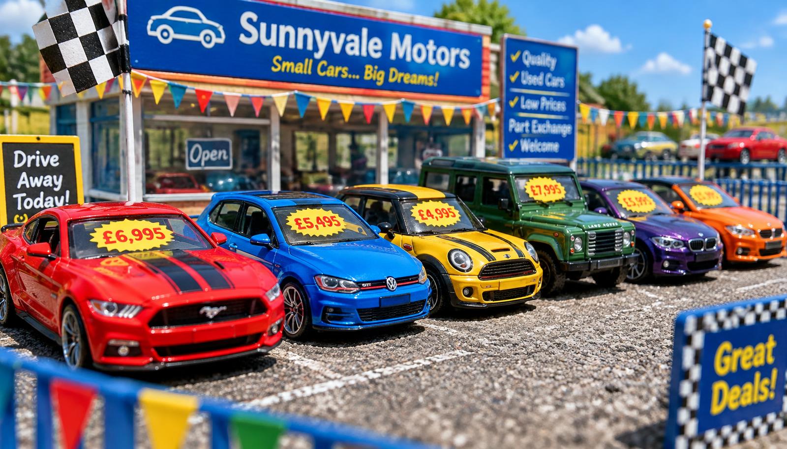 Toy cars lined up on a forecourt with price stickers